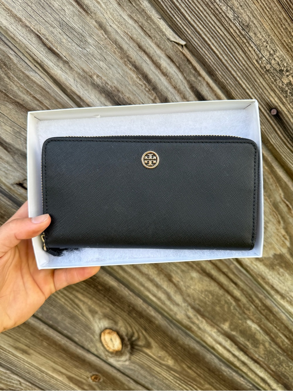 Tory Burch Black Zip-Around Saffiano Wallet with Gold Logo